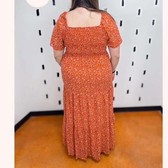White Birch Smocked Maxi Dress Womens SZ 3X Floral Tiered Burn Orange Milkmaid - Picture 13 of 13